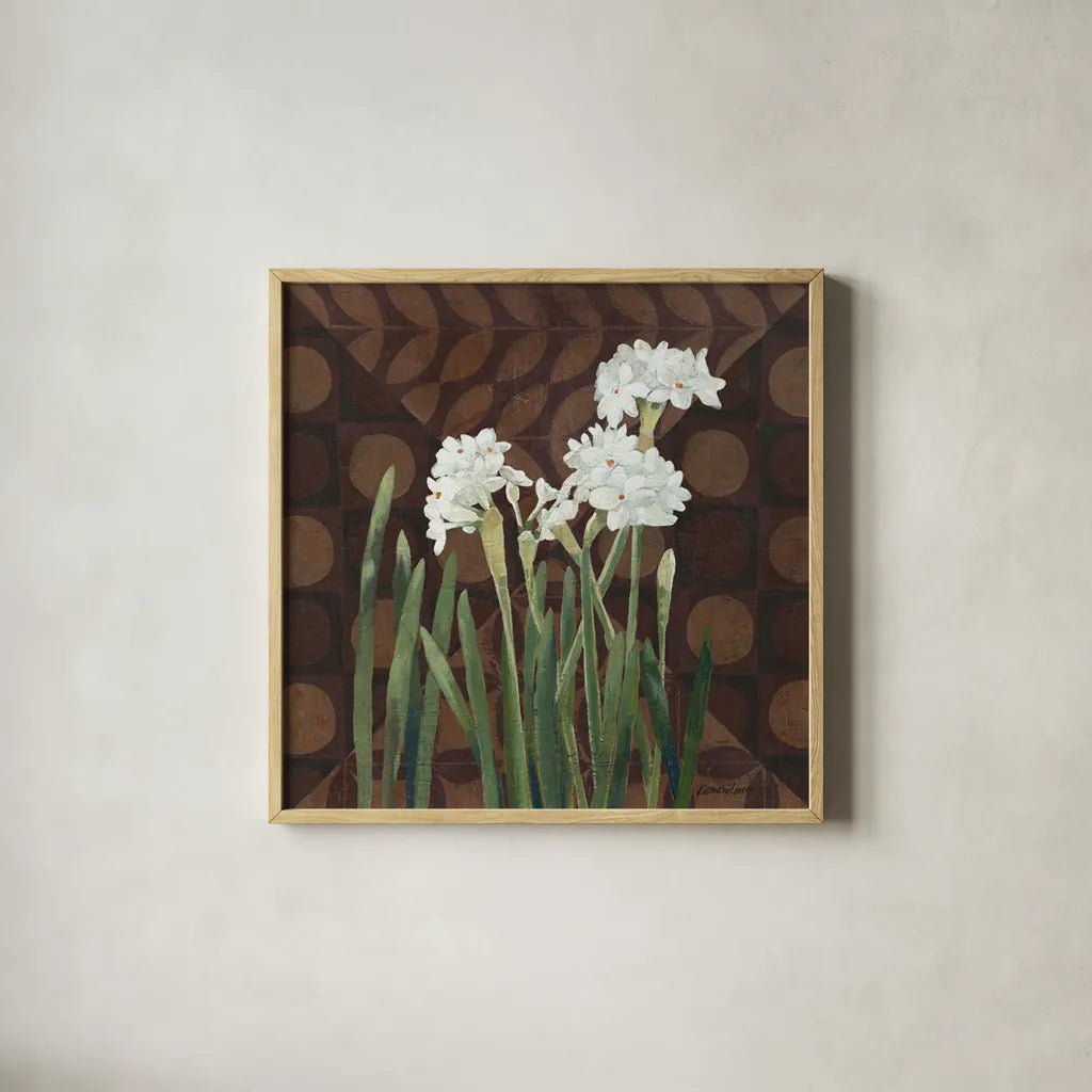 Narcissus on Brown II by Kathrine Lovell. Shown in a natural wood glass frame for a timeless modern aesthetic. Available as an archival giclee rolled canvas, fine art paper, or poster print. SKU 9137a.