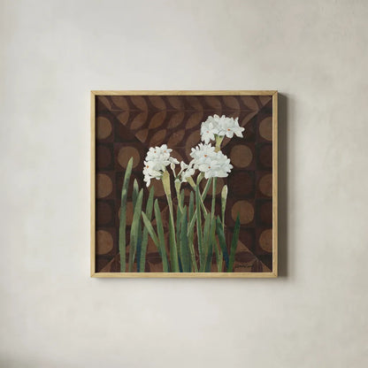 Narcissus on Brown II by Kathrine Lovell. Shown in a natural wood glass frame for a timeless modern aesthetic. Available as an archival giclee rolled canvas, fine art paper, or poster print. SKU 9137a.