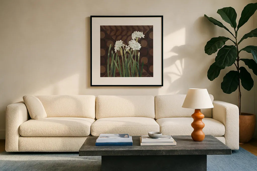 Narcissus on Brown II by Kathrine Lovell. Displayed in a glass frame with matte in a clean modern living room. Available as an archival giclee rolled canvas, fine art paper, or poster print. SKU 9137a.