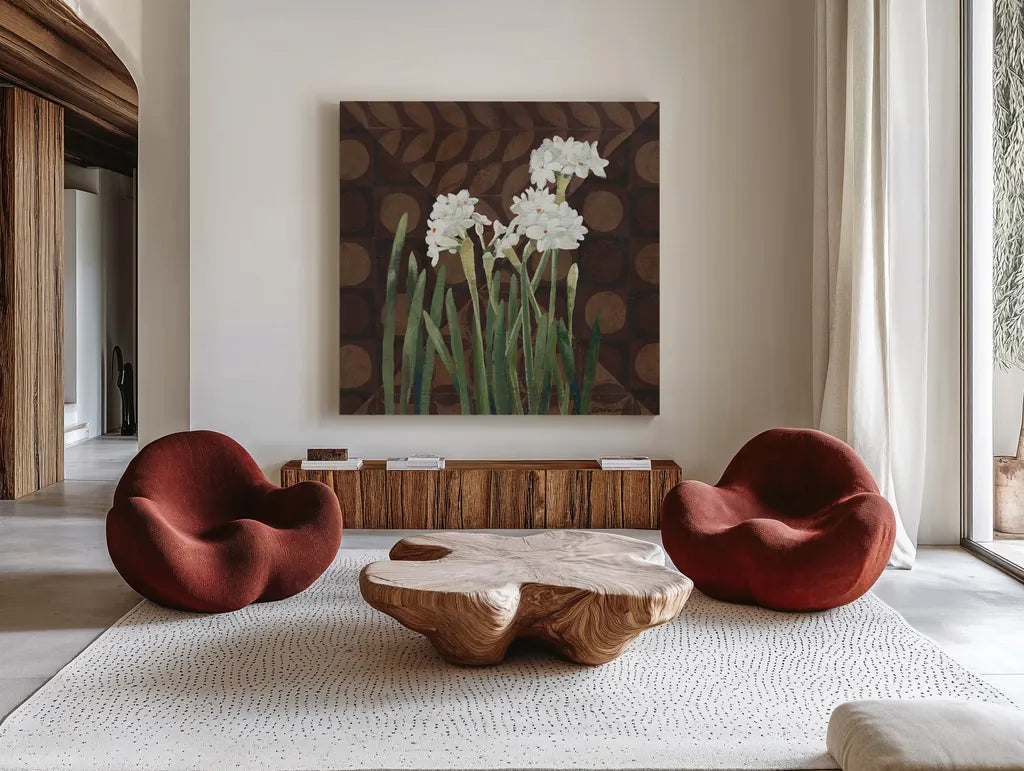 Narcissus on Brown II by Kathrine Lovell. Shown as extra-large giant wall art in a modern living room. Available as an archival giclee rolled canvas, fine art paper, or poster print. SKU 9137a.