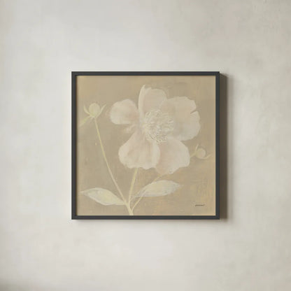Neutral Peony by Kathrine Lovell. Shown in a sleek black glass frame for a contemporary gallery look. Available as an archival giclee rolled canvas, fine art paper, or poster print. SKU 34981a.