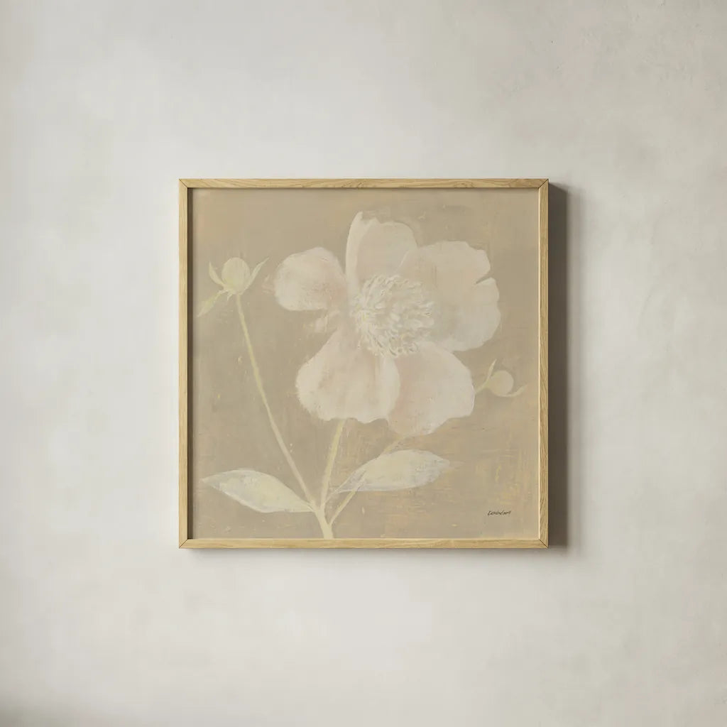 Neutral Peony by Kathrine Lovell. Shown in a natural wood glass frame for a timeless modern aesthetic. Available as an archival giclee rolled canvas, fine art paper, or poster print. SKU 34981a.