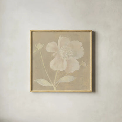 Neutral Peony by Kathrine Lovell. Shown in a natural wood glass frame for a timeless modern aesthetic. Available as an archival giclee rolled canvas, fine art paper, or poster print. SKU 34981a.
