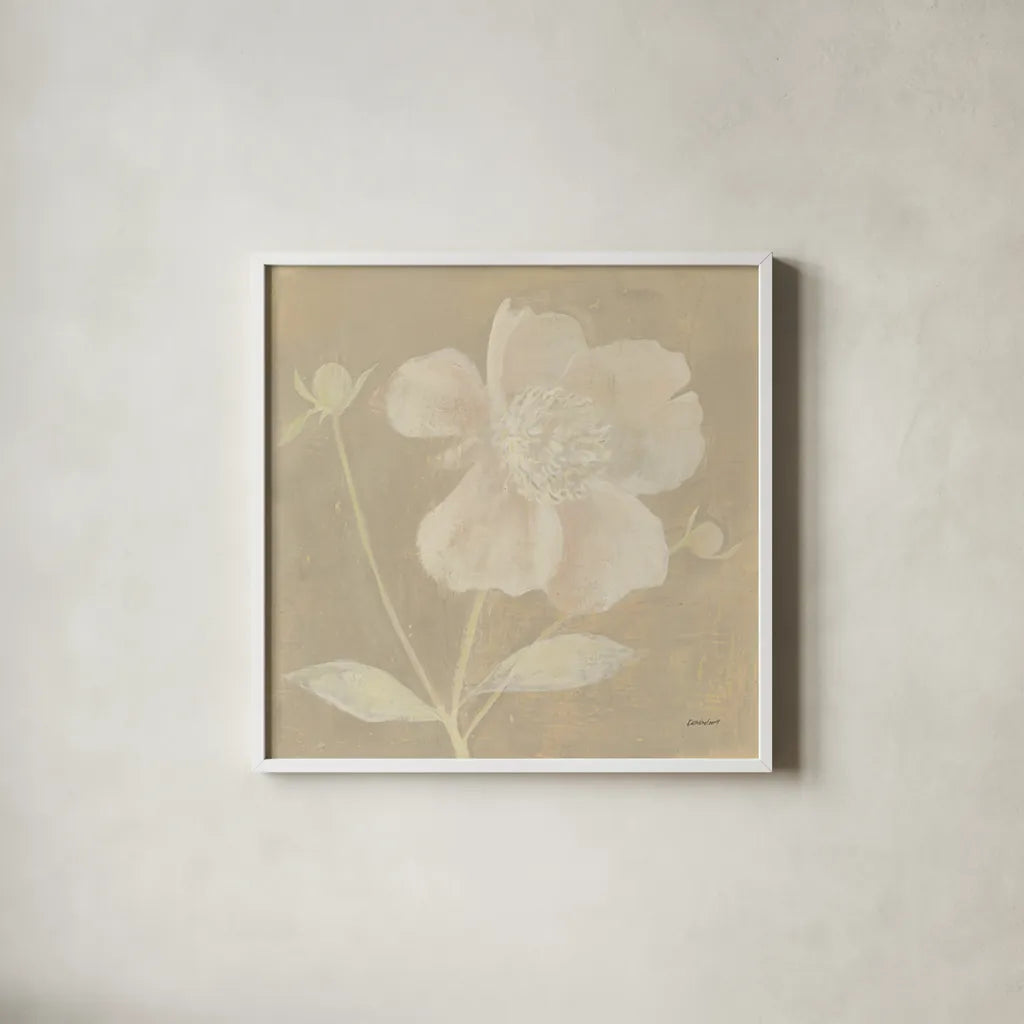 Neutral Peony by Kathrine Lovell. Shown in a crisp white glass frame for a clean and minimalist style. Available as an archival giclee rolled canvas, fine art paper, or poster print. SKU 34981a.