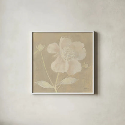 Neutral Peony by Kathrine Lovell. Shown in a crisp white glass frame for a clean and minimalist style. Available as an archival giclee rolled canvas, fine art paper, or poster print. SKU 34981a.