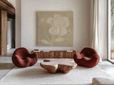 Neutral Peony by Kathrine Lovell. Shown as extra-large giant wall art in a modern living room. Available as an archival giclee rolled canvas, fine art paper, or poster print. SKU 34981a.