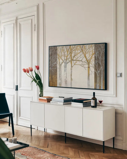 Night and Day by Kathrine Lovell. shown as a framed stretched canvas in a living room above a console. Available as a archival giclee rolled canvas, fine art paper, or poster print. SKU 10014i.