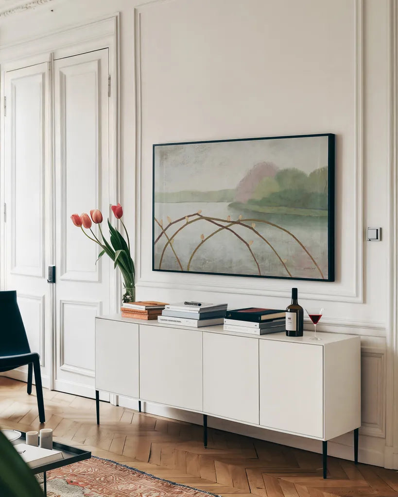 Nonquit Pond in May by Kathrine Lovell. shown as a framed stretched canvas in a living room above a console. Available as a archival giclee rolled canvas, fine art paper, or poster print. SKU 58645i.