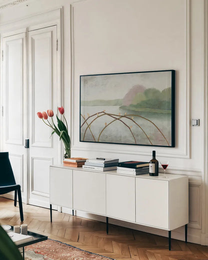 Nonquit Pond in May by Kathrine Lovell. shown as a framed stretched canvas in a living room above a console. Available as a archival giclee rolled canvas, fine art paper, or poster print. SKU 58645i.