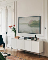 Nonquit Pond in May v2 by Kathrine Lovell. shown as a framed stretched canvas in a living room above a console. Available as a archival giclee rolled canvas, fine art paper, or poster print. SKU 60040i.