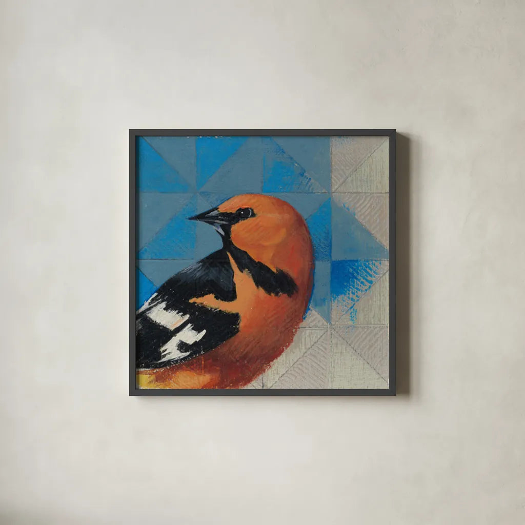 Oriole by Kathrine Lovell. Shown in a sleek black glass frame for a contemporary gallery look. Available as an archival giclee rolled canvas, fine art paper, or poster print. SKU 43541a.