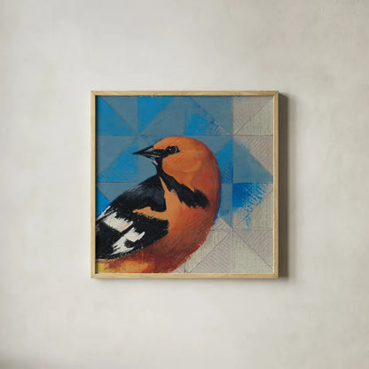 Oriole by Kathrine Lovell. Shown in a natural wood glass frame for a timeless modern aesthetic. Available as an archival giclee rolled canvas, fine art paper, or poster print. SKU 43541a.
