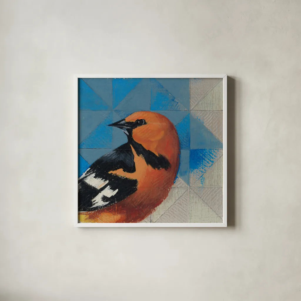 Oriole by Kathrine Lovell. Shown in a crisp white glass frame for a clean and minimalist style. Available as an archival giclee rolled canvas, fine art paper, or poster print. SKU 43541a.