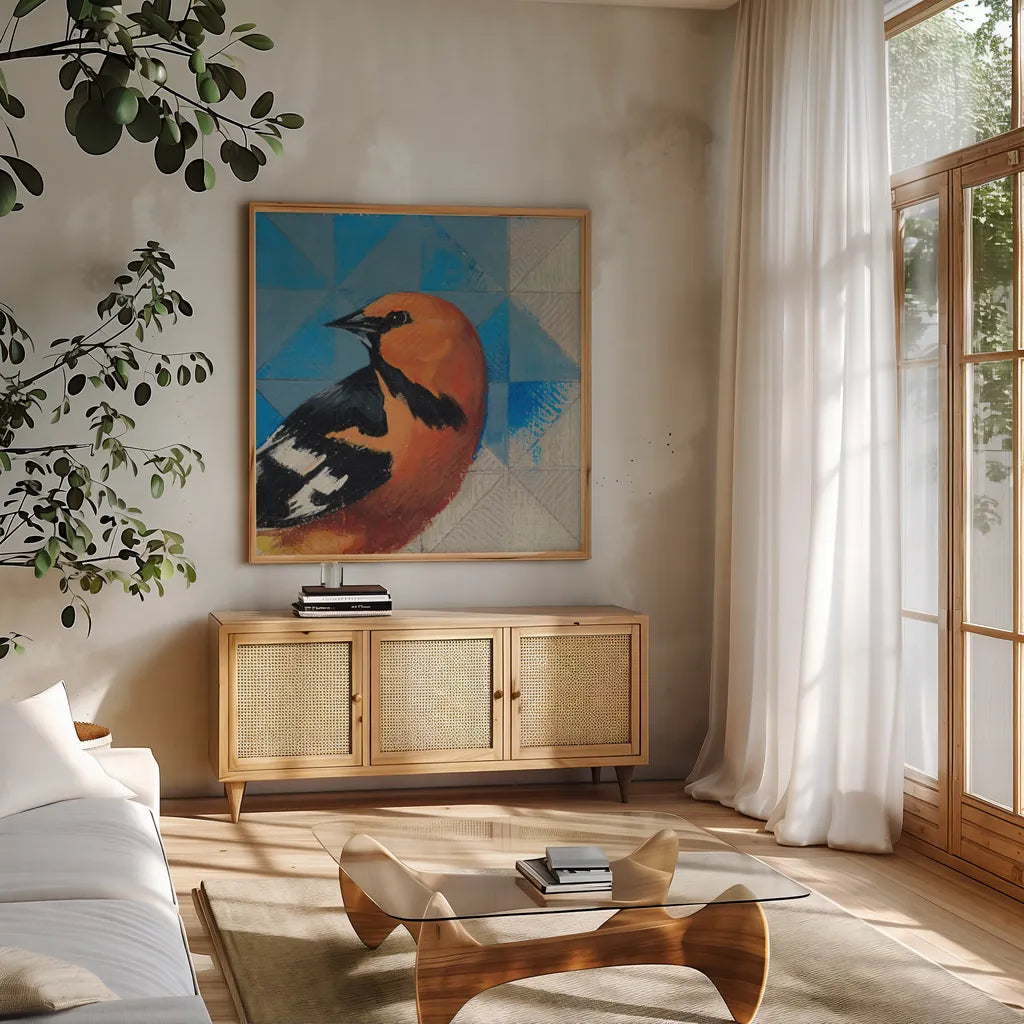 Oriole by Kathrine Lovell. Shown in a natural wood frame in a cozy modern living room. Available as an archival giclee rolled canvas, fine art paper, or poster print. SKU 43541a.