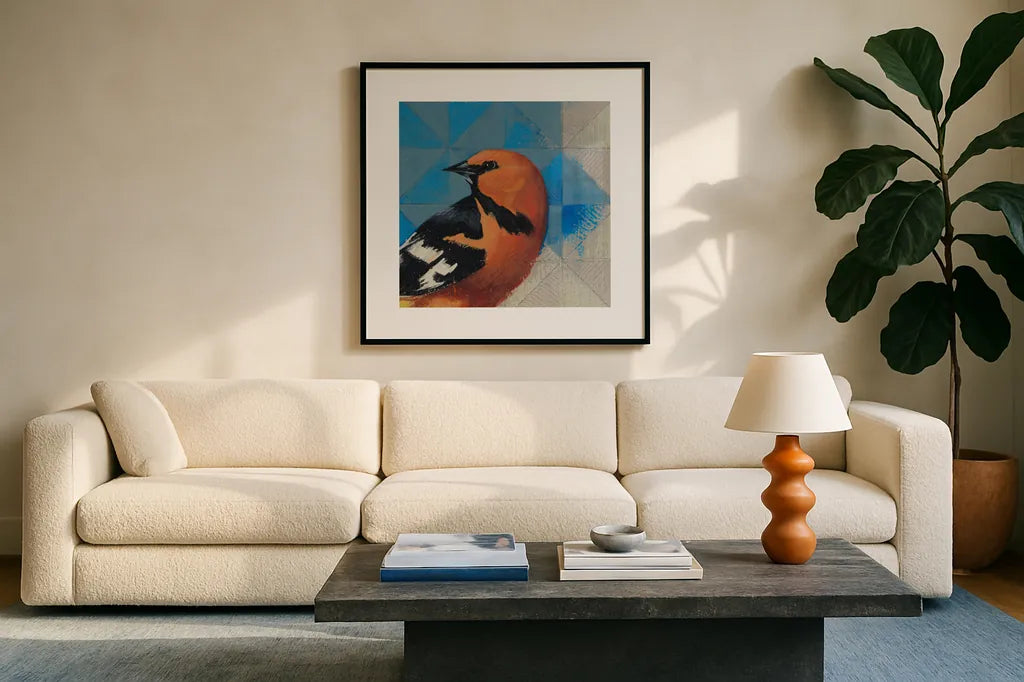 Oriole by Kathrine Lovell. Displayed in a glass frame with matte in a clean modern living room. Available as an archival giclee rolled canvas, fine art paper, or poster print. SKU 43541a.