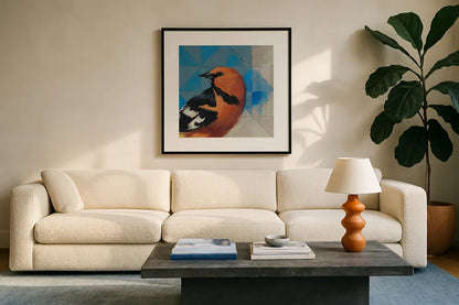 Oriole by Kathrine Lovell. Displayed in a glass frame with matte in a clean modern living room. Available as an archival giclee rolled canvas, fine art paper, or poster print. SKU 43541a.