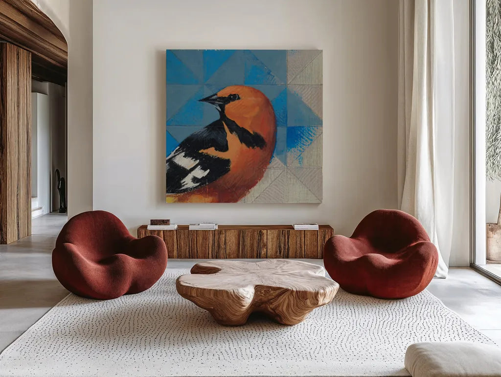 Oriole by Kathrine Lovell. Shown as extra-large giant wall art in a modern living room. Available as an archival giclee rolled canvas, fine art paper, or poster print. SKU 43541a.
