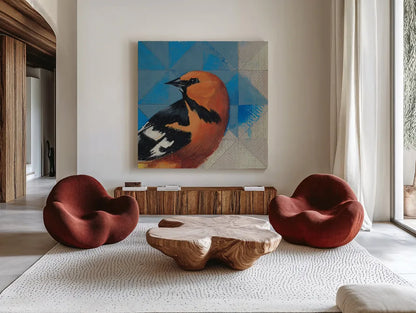 Oriole by Kathrine Lovell. Shown as extra-large giant wall art in a modern living room. Available as an archival giclee rolled canvas, fine art paper, or poster print. SKU 43541a.