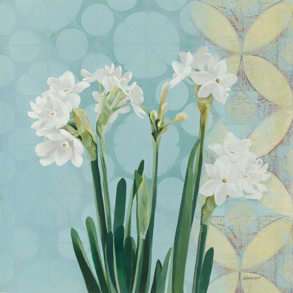 Paperwhites on Blue I by Kathrine Lovell. SKU 9138a. Archival Giclee Fine art print for wall decor.