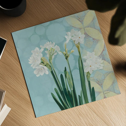 Paperwhites on Blue I by Kathrine Lovell. Shown as a detailed flat fine art print, highlighting archival giclee quality. Available as an archival giclee rolled canvas, fine art paper, or poster print. SKU 9138a.