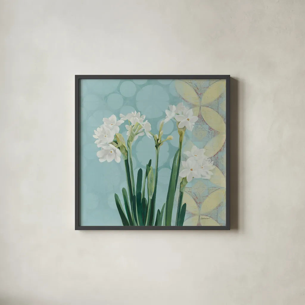 Paperwhites on Blue I by Kathrine Lovell. Shown in a sleek black glass frame for a contemporary gallery look. Available as an archival giclee rolled canvas, fine art paper, or poster print. SKU 9138a.