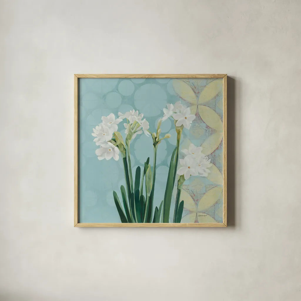 Paperwhites on Blue I by Kathrine Lovell. Shown in a natural wood glass frame for a timeless modern aesthetic. Available as an archival giclee rolled canvas, fine art paper, or poster print. SKU 9138a.