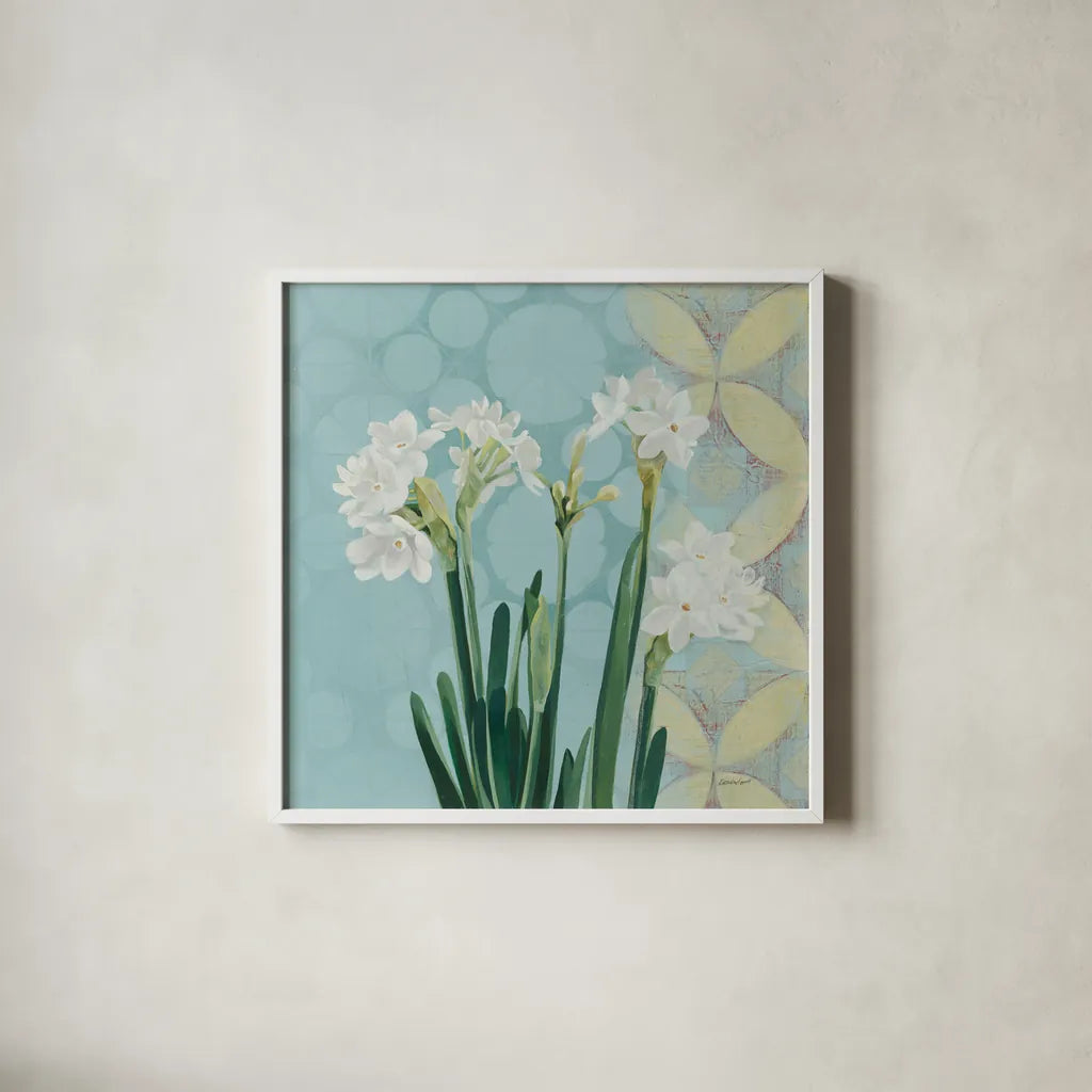 Paperwhites on Blue I by Kathrine Lovell. Shown in a crisp white glass frame for a clean and minimalist style. Available as an archival giclee rolled canvas, fine art paper, or poster print. SKU 9138a.