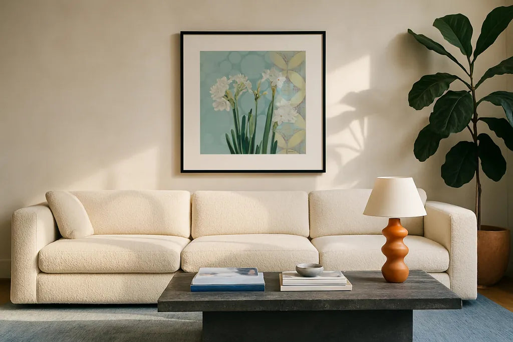 Paperwhites on Blue I by Kathrine Lovell. Displayed in a glass frame with matte in a clean modern living room. Available as an archival giclee rolled canvas, fine art paper, or poster print. SKU 9138a.