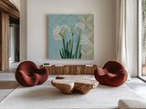 Paperwhites on Blue I by Kathrine Lovell. Shown as extra-large giant wall art in a modern living room. Available as an archival giclee rolled canvas, fine art paper, or poster print. SKU 9138a.