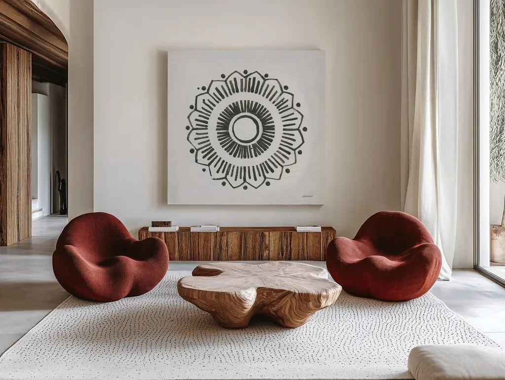 Patterns of the Amazon Icon XII by Kathrine Lovell. Shown as extra-large giant wall art in a modern living room. Available as an archival giclee rolled canvas, fine art paper, or poster print. SKU 37115a.