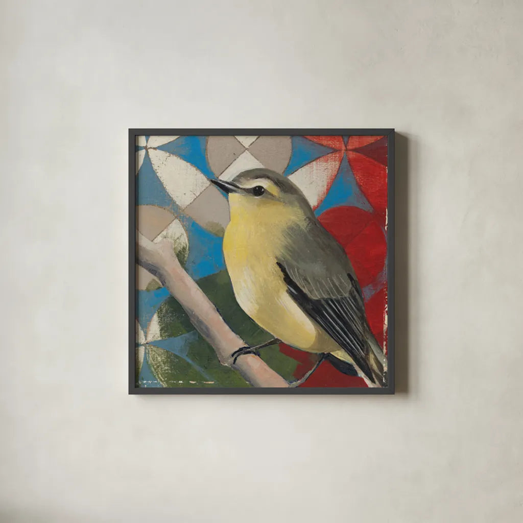 Philadelphia Vireo by Kathrine Lovell. Shown in a sleek black glass frame for a contemporary gallery look. Available as an archival giclee rolled canvas, fine art paper, or poster print. SKU 43540a.