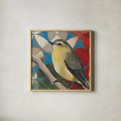 Philadelphia Vireo by Kathrine Lovell. Shown in a natural wood glass frame for a timeless modern aesthetic. Available as an archival giclee rolled canvas, fine art paper, or poster print. SKU 43540a.