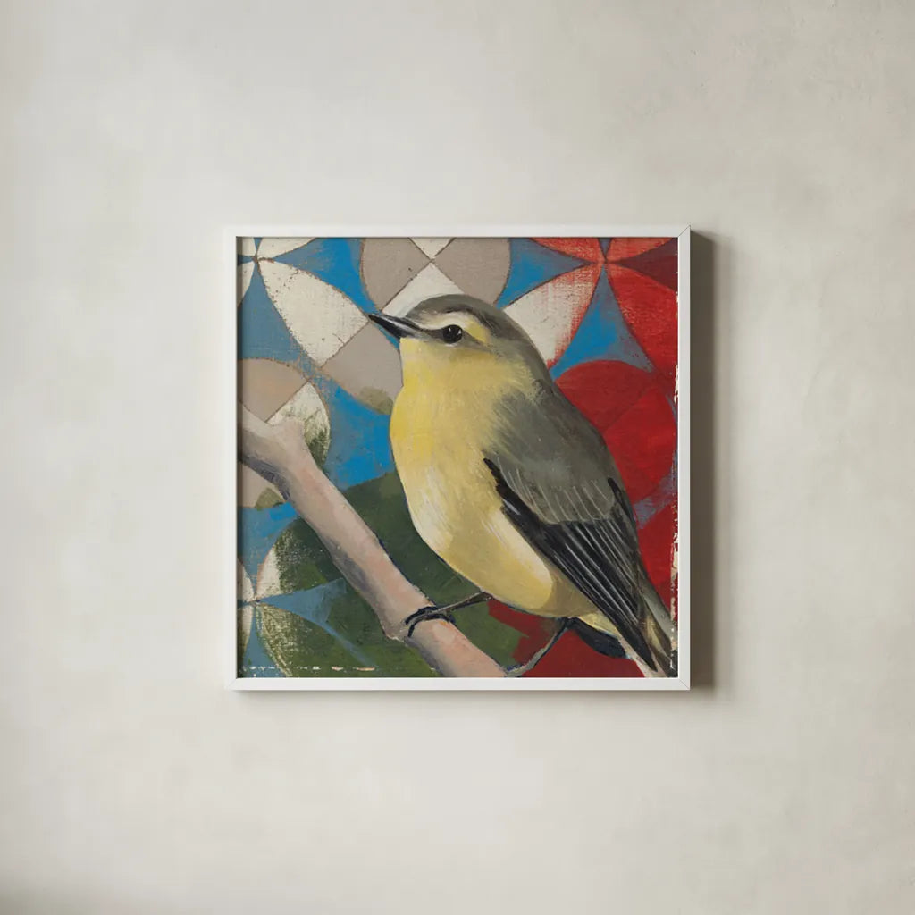 Philadelphia Vireo by Kathrine Lovell. Shown in a crisp white glass frame for a clean and minimalist style. Available as an archival giclee rolled canvas, fine art paper, or poster print. SKU 43540a.