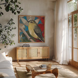Philadelphia Vireo by Kathrine Lovell. Shown in a natural wood frame in a cozy modern living room. Available as an archival giclee rolled canvas, fine art paper, or poster print. SKU 43540a.