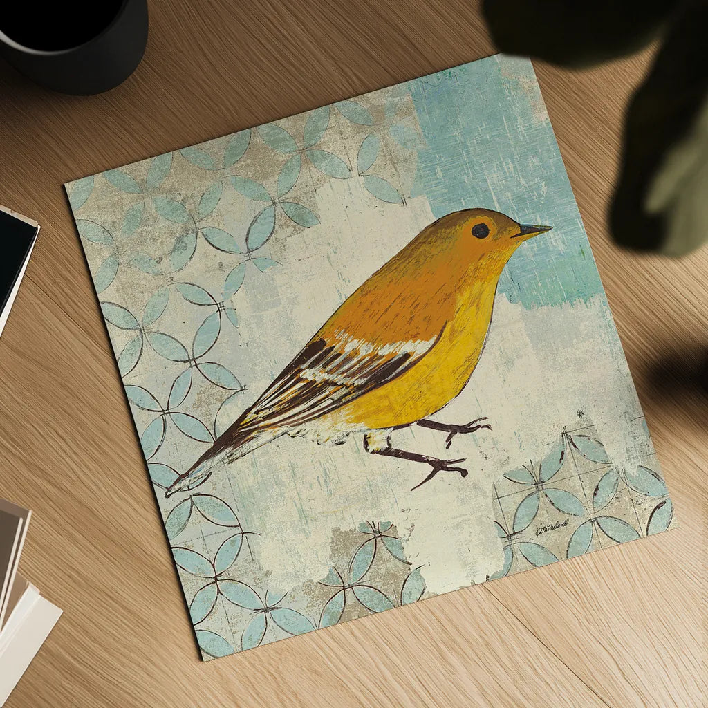 Pine Warbler by Kathrine Lovell. Shown as a detailed flat fine art print, highlighting archival giclee quality. Available as an archival giclee rolled canvas, fine art paper, or poster print. SKU 11493a.