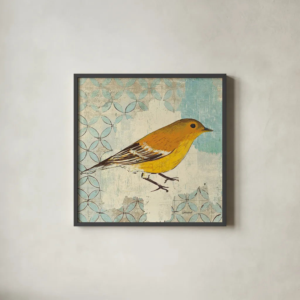 Pine Warbler by Kathrine Lovell. Shown in a sleek black glass frame for a contemporary gallery look. Available as an archival giclee rolled canvas, fine art paper, or poster print. SKU 11493a.