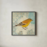 Pine Warbler by Kathrine Lovell. Shown in a sleek black glass frame for a contemporary gallery look. Available as an archival giclee rolled canvas, fine art paper, or poster print. SKU 11493a.