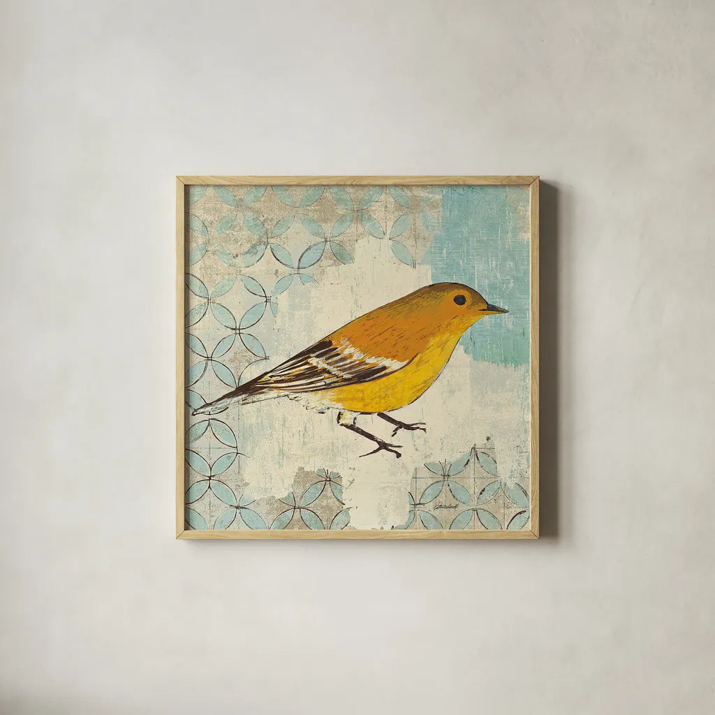 Pine Warbler by Kathrine Lovell. Shown in a natural wood glass frame for a timeless modern aesthetic. Available as an archival giclee rolled canvas, fine art paper, or poster print. SKU 11493a.