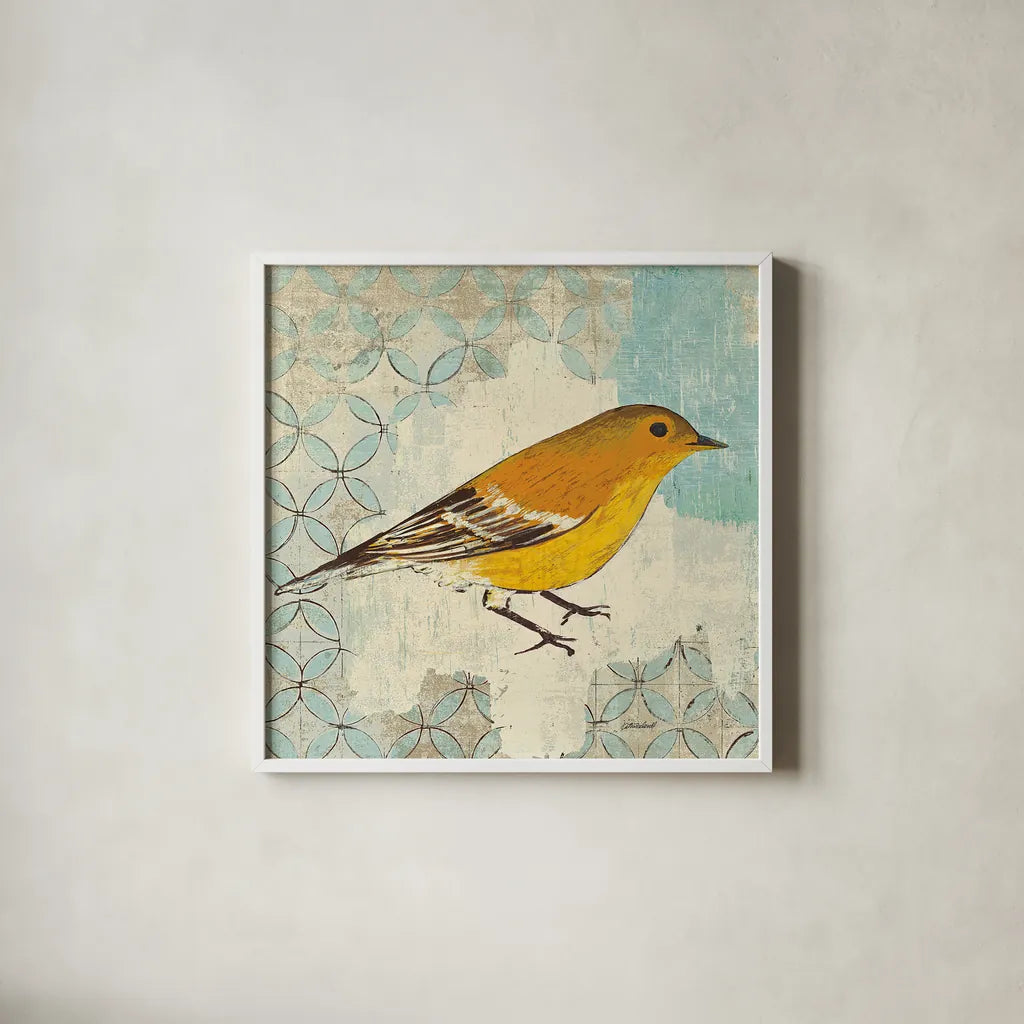 Pine Warbler by Kathrine Lovell. Shown in a crisp white glass frame for a clean and minimalist style. Available as an archival giclee rolled canvas, fine art paper, or poster print. SKU 11493a.