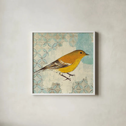 Pine Warbler by Kathrine Lovell. Shown in a crisp white glass frame for a clean and minimalist style. Available as an archival giclee rolled canvas, fine art paper, or poster print. SKU 11493a.