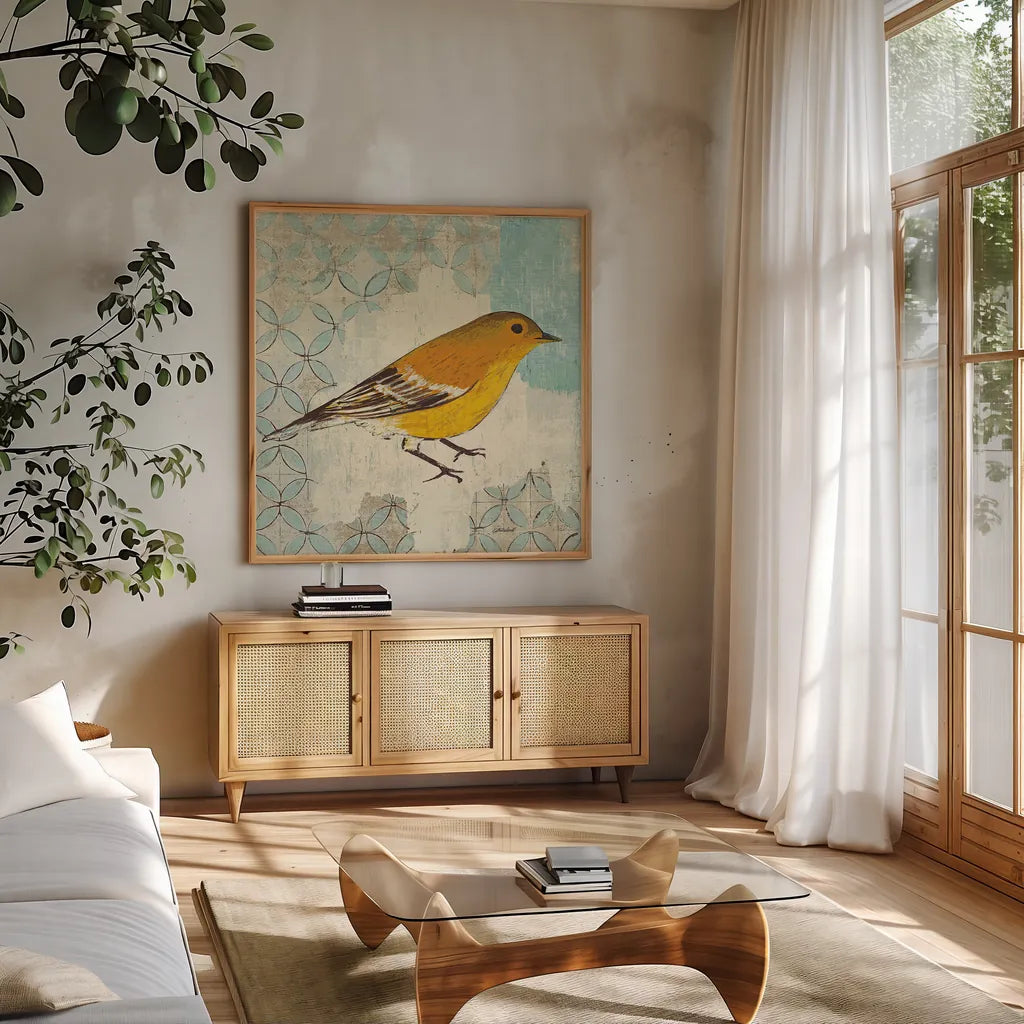 Pine Warbler by Kathrine Lovell. Shown in a natural wood frame in a cozy modern living room. Available as an archival giclee rolled canvas, fine art paper, or poster print. SKU 11493a.