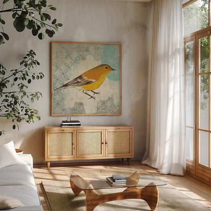 Pine Warbler by Kathrine Lovell. Shown in a natural wood frame in a cozy modern living room. Available as an archival giclee rolled canvas, fine art paper, or poster print. SKU 11493a.