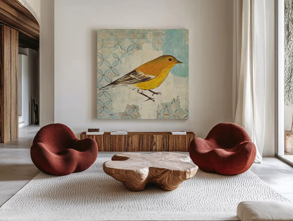 Pine Warbler by Kathrine Lovell. Shown as extra-large giant wall art in a modern living room. Available as an archival giclee rolled canvas, fine art paper, or poster print. SKU 11493a.
