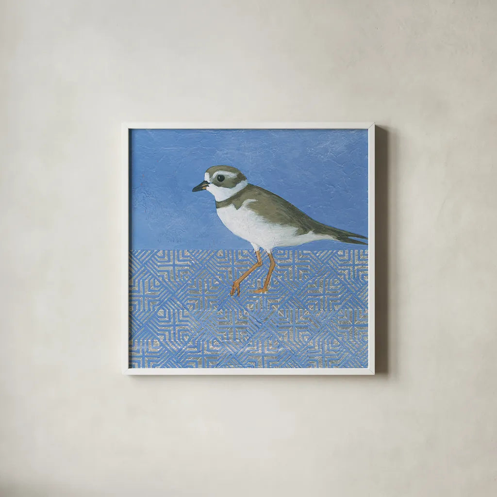 Plover by Kathrine Lovell. Shown in a crisp white glass frame for a clean and minimalist style. Available as an archival giclee rolled canvas, fine art paper, or poster print. SKU 28683a.