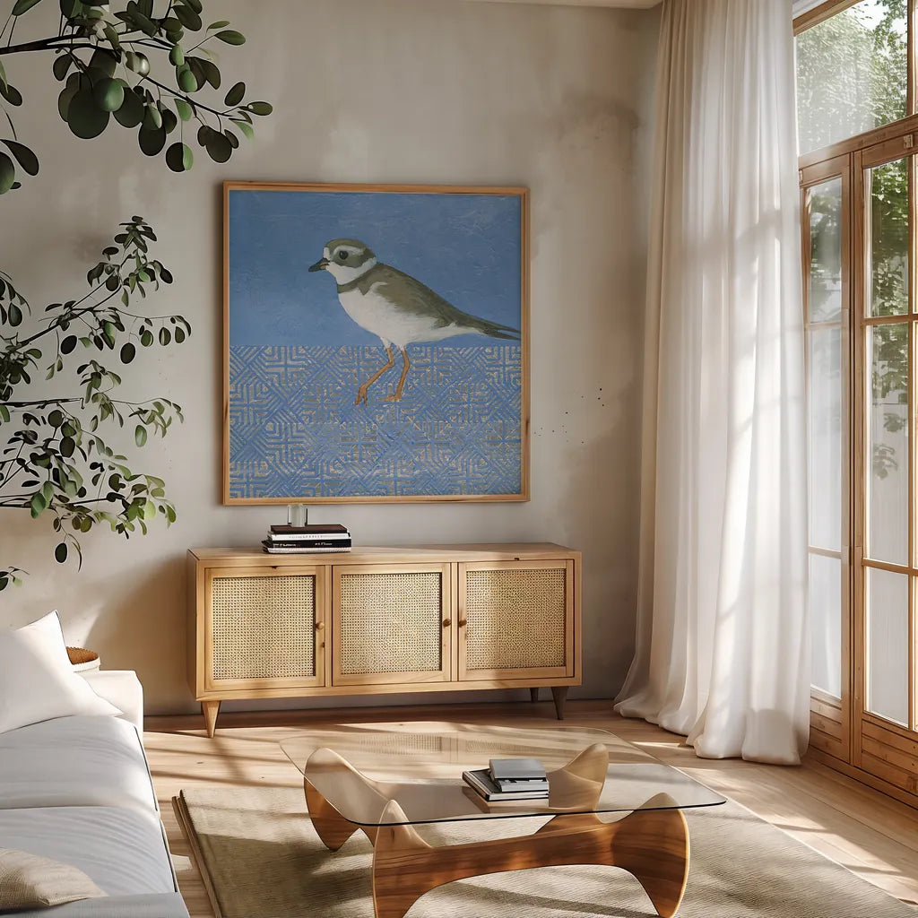 Plover by Kathrine Lovell. Shown in a natural wood frame in a cozy modern living room. Available as an archival giclee rolled canvas, fine art paper, or poster print. SKU 28683a.