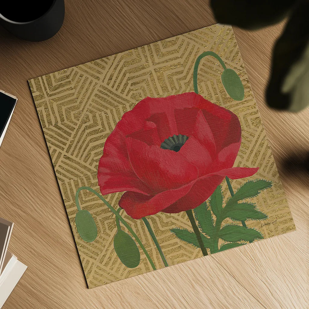 Poppy with Pattern by Kathrine Lovell. Shown as a detailed flat fine art print, highlighting archival giclee quality. Available as an archival giclee rolled canvas, fine art paper, or poster print. SKU 29734a.