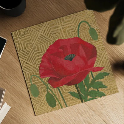 Poppy with Pattern by Kathrine Lovell. Shown as a detailed flat fine art print, highlighting archival giclee quality. Available as an archival giclee rolled canvas, fine art paper, or poster print. SKU 29734a.