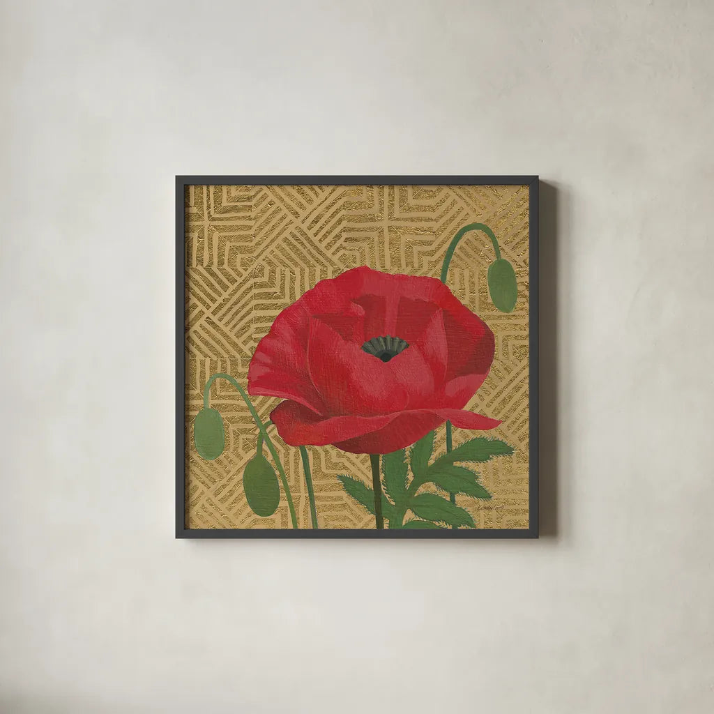 Poppy with Pattern by Kathrine Lovell. Shown in a sleek black glass frame for a contemporary gallery look. Available as an archival giclee rolled canvas, fine art paper, or poster print. SKU 29734a.