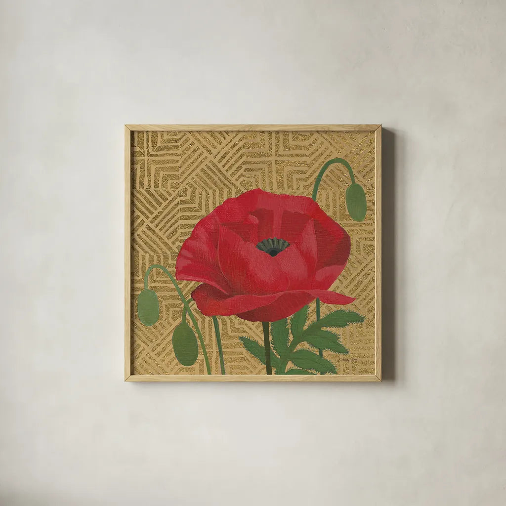 Poppy with Pattern by Kathrine Lovell. Shown in a natural wood glass frame for a timeless modern aesthetic. Available as an archival giclee rolled canvas, fine art paper, or poster print. SKU 29734a.