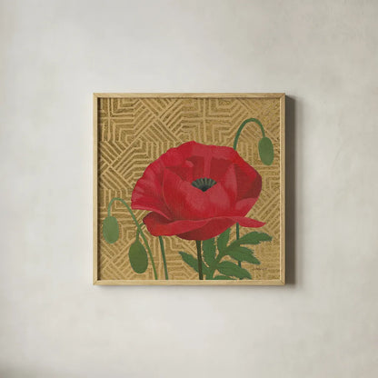 Poppy with Pattern by Kathrine Lovell. Shown in a natural wood glass frame for a timeless modern aesthetic. Available as an archival giclee rolled canvas, fine art paper, or poster print. SKU 29734a.